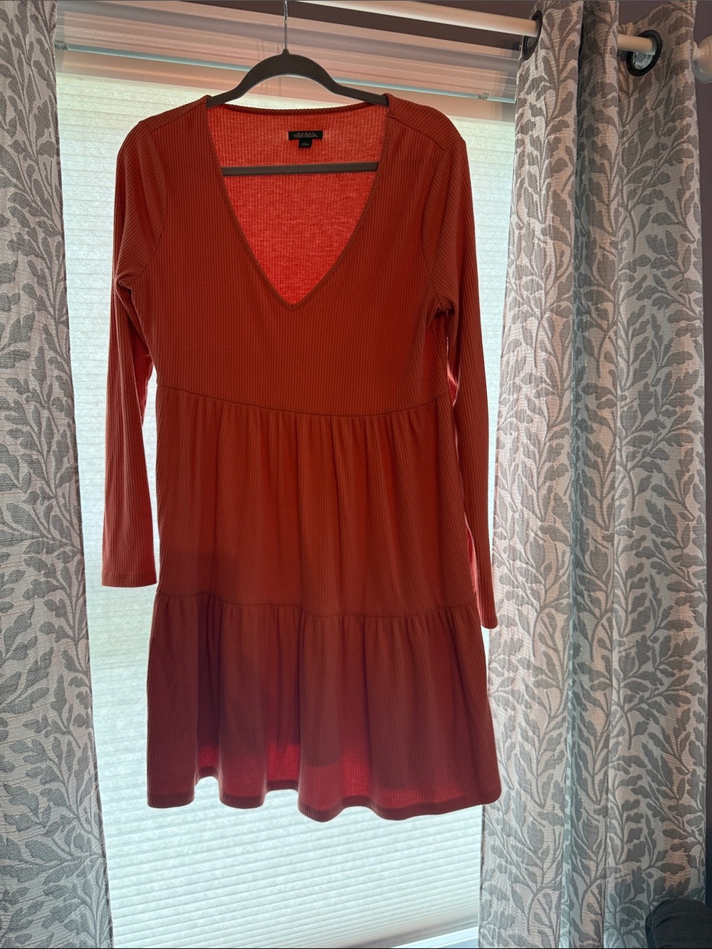 wild fable Rust Orange V-Neck Long Sleeve Tiered Dress